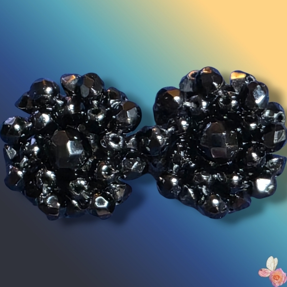 Signed Made In Western Germany Black Cluster Clip On Earrings Vintage 883